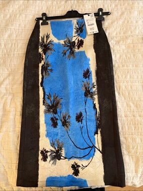 Zara Blue Tropical Hawaiian print  Paneled Midi Skirt - NWT